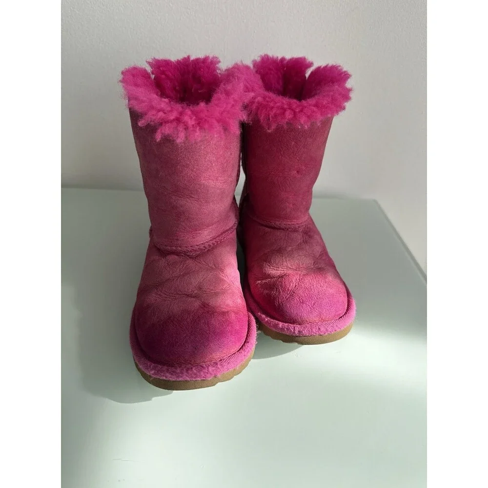 ✿ UGG Kids Pink Suede Shearling Bow Back Boots Winter Warm Girls Size 12 USA